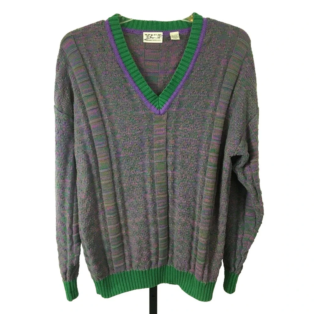 Vintage 90s V Neck‎ Sweater Mens XL Green Purple Marled 100% Cotton Heavy Weight